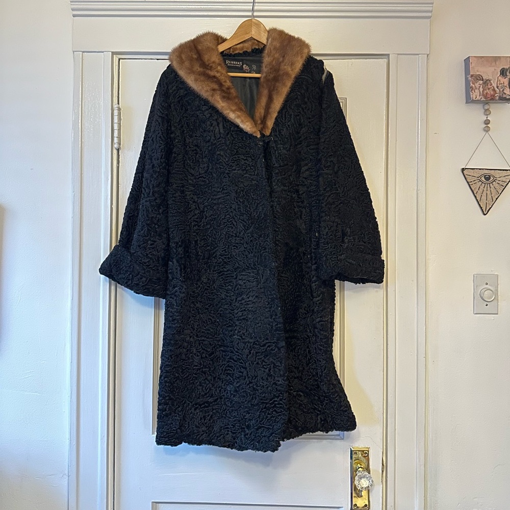 Vintage Russeks Design Studio boucle black coat with fur trim